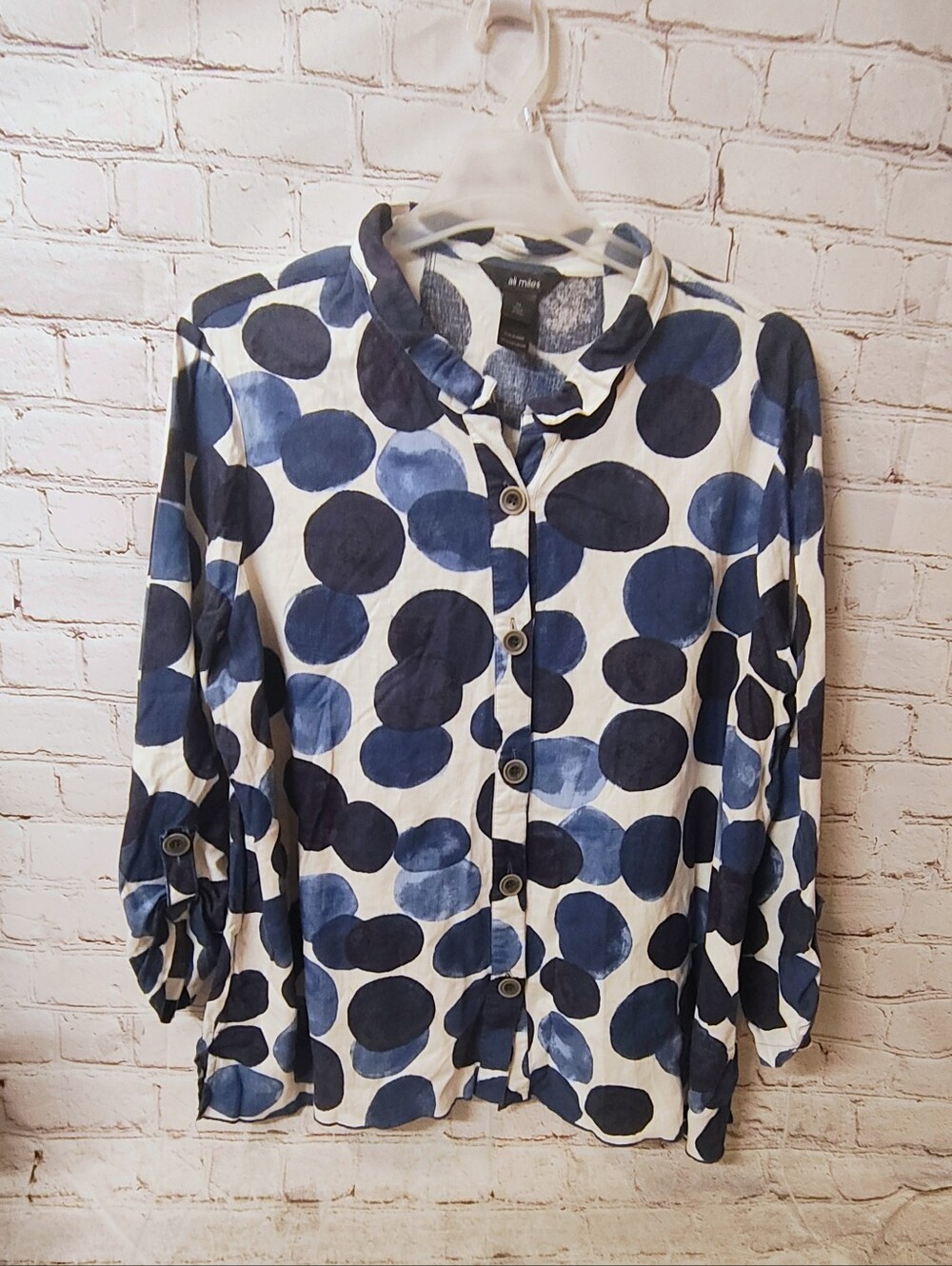 Ali Miles All Over Print Dot Blue Linen Blend Blouse Roll Tab Sleeves Sz 2X Arts